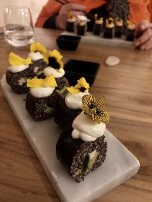 Quinoa sushi, rice sushi in the background  at Hearth  in Amsterdam