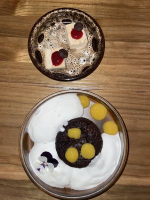   (Top) walnut and date dessert, (bottom) zucchini chocolate peanut brownie   at Hearth  in Amsterdam