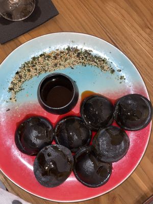 Black charcoal ravioli   at Hearth  in Amsterdam