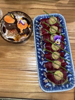 (Left) Syrian sushi, (right) Rawvioli   at Hearth  in Amsterdam