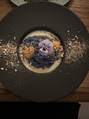 Blue spirulina pasta   at Hearth  in Amsterdam