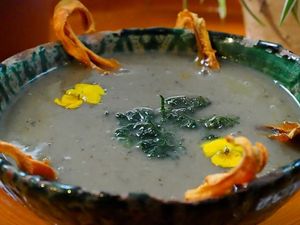 Roasted Aubergine & Cannellini Beans, Fried Parsley and Carrot Chips at Hearth  in Amsterdam
