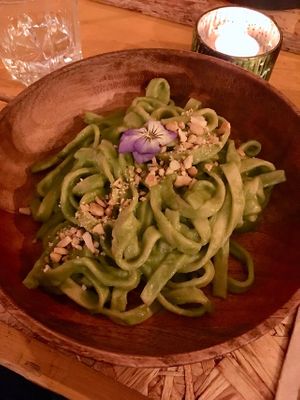 Handmade tagliatelle with green pesto, coconut milk and cashews  at Hearth  in Amsterdam