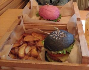 The Cherry Bomb (pink) and Cheesy Cecio (black)  at Flower Burger - Porta Genova in Milan
