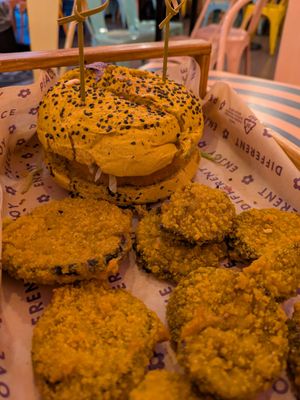 Fake chicken burger and breaded aubergine side at Flower Burger - Porta Genova in Milan