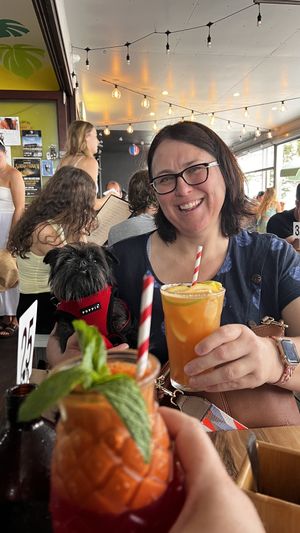 Juices and our pooch. 💙  at Bali Bagus Cafe in Byron Bay