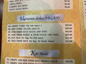 Vegan menu items  at Coco's Thai in Busselton