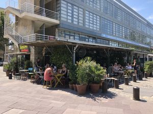 outside at Makamaka Beach Burger Cafe in Barcelona