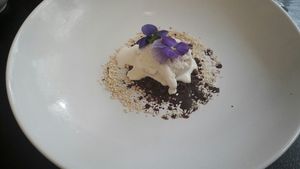 Desert vanilla ice cream with edible flowers at The Organic LAB in Copenhagen