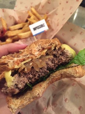 The Impossible Burger tasted great. It was meaty and had an uncanny resemblance to animal flesh—a little freaky but overall good. at Bareburger - LaGuardia Place in New York City