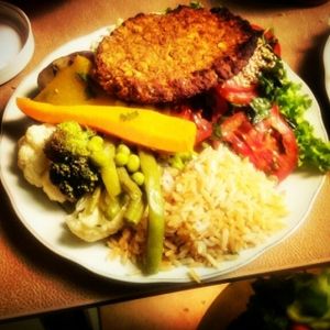 quinoa burgers whit vegetables and whole grain rice  at Hostal Joshua in Copacabana