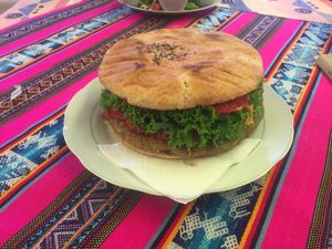 Lentil burguer with tomato sauce at Hostal Joshua in Copacabana