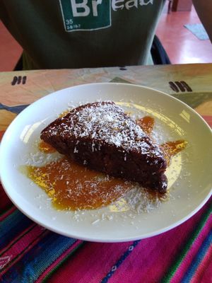 Gluten-free vegan chocolate brownie at Hostal Joshua in Copacabana