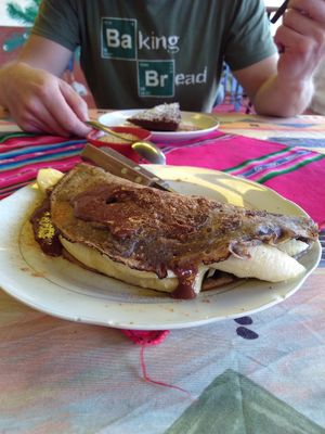 Chocolate and banana pancake at Hostal Joshua in Copacabana