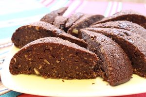 Vegan gluten free Chocolate Cake, made with corn flower, almonds, cane sugar, raisins and lindseeds.  at Hostal Joshua in Copacabana
