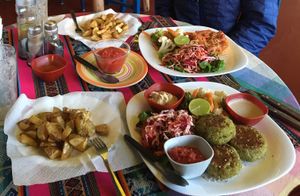 Falafel plate and quinoa burger (without the bun). Both with added fries. at Hostal Joshua in Copacabana