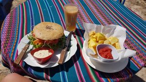Lentil burger with veganaise, home made ketchup and fried potatoes with basil. Yummi at Hostal Joshua in Copacabana