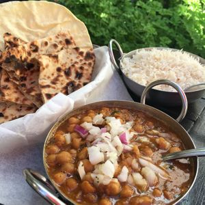 Chana Masala, Tandoori Roti, and Papadum at Batika India Bistro in Novato