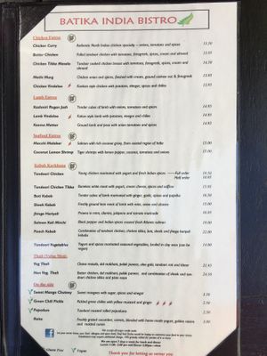 Menu with vegan and veganize-able items at Batika India Bistro in Novato