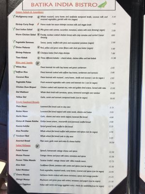 Menu with vegan items and veganize-able items  at Batika India Bistro in Novato