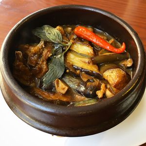 Eggplant, mushroom, soy nugget clay pot at Biogarten Restaurant in Ho Chi Minh City