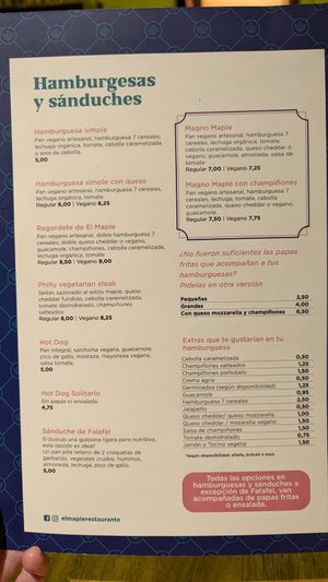 Menu at El Maple in Quito