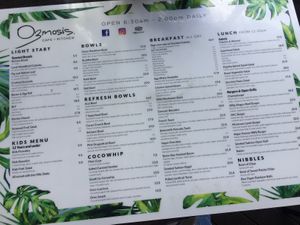 The menu at Ozmosis in Edge Hill