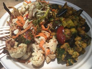 Broccoli cauliflower salad and eggplant chick peas with coriander.  at Timbuktu Nomadic Deli in Waiheke Island