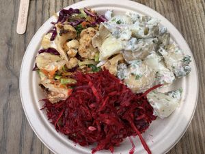 Beet salad with a hint of orange; roasted cauliflower salad and the potato salad I couldn’t get enough of! at Timbuktu Nomadic Deli in Waiheke Island