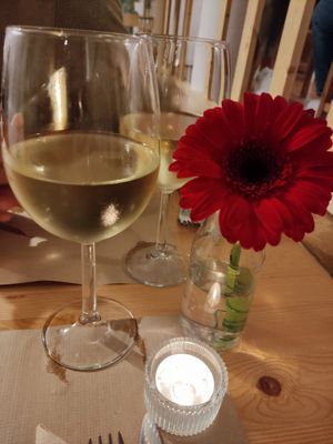 Ambiente relajado y auténtico: flores y plantas naturales y excelente vino blanco at Outro Lado in Faro