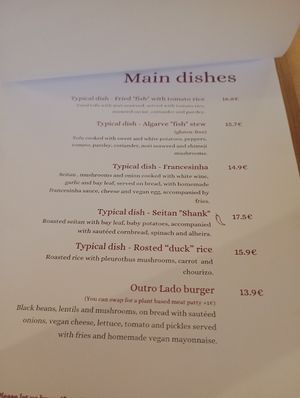 Main menu at Outro Lado in Faro