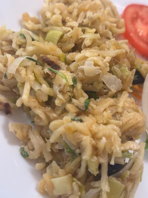 Traditional Portuguese dish - “fish” and potatoes made with leeks as the substitute.  at Outro Lado in Faro