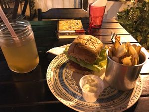 Beet burger; sweet potato;  vegan mayonnaise; organic ice tea  at Jardin in Ilha Grande