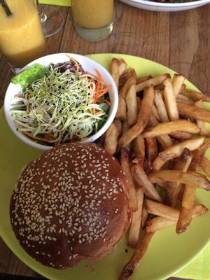 Vegan burger and fries at De Rode Koe in Lille
