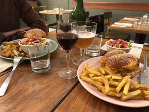 Veggie/Vegan burgers with fries & salad at De Rode Koe in Lille