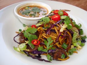 shredded cabbage noodles and tom yam broth at The Left Bank in Glasgow