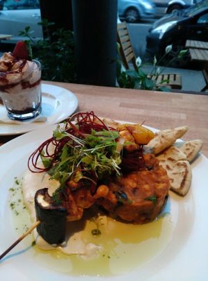 grilled veg & halloumi skewers with chickpea ragu & tahini sauce (available as vegan option) at The Left Bank in Glasgow