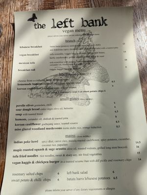 Vegan menu at The Left Bank in Glasgow