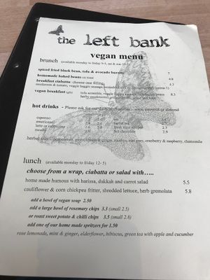 Vegan menu page 1 at The Left Bank in Glasgow