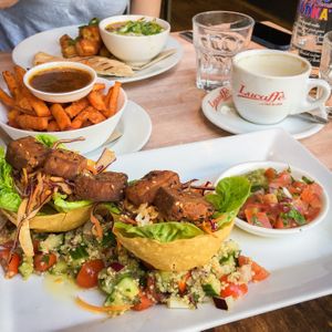 vegan tofu tacos, sweet potato fries at The Left Bank in Glasgow