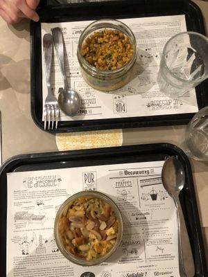 The vegan Mafé (bottom) with leeks and other vegetables in a peanut sauce on Jasmine rice. (So yummy!!!) And the squash crumble with an exceptional vegan bechamel. at PUR etc in Versailles