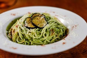 Basil pasta with eggplant! at Gojo Paradiso in Kyoto