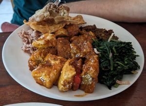 Mushroom, tofu, jackfruit, greens, rice mix at Sawobali  in Ubud