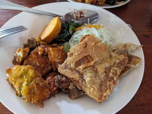 Mushrooms, greens, potato, nooddles, tofu mix at Sawobali  in Ubud