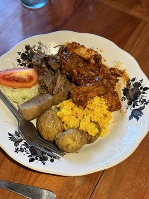 Jackfruit meat, side salads, seasoned potato, turmeric rice, tofu tempeh and so much more  at Sawobali  in Ubud