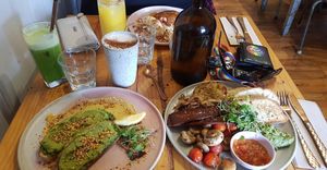 Sour dough & Smashed Avocado and the Big Meadow Breakfast, accompanied with the All Hail Kale juice and a peanut butter latte   at The Sweet Meadow in Echuca