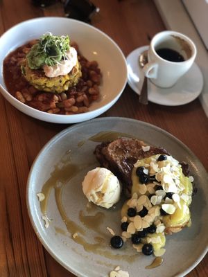 French toast, corn fritters, long black  at The Sweet Meadow in Echuca