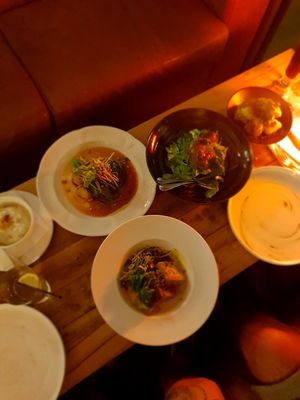 Sweet potato and kimchi Patty, and coconut and tofu with a side roast potatoes, and green salad!!! So yummy!!! at Mrs Jones in Devonport