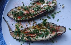 Aubergine and tahini  at Hummusbar in Tbilisi