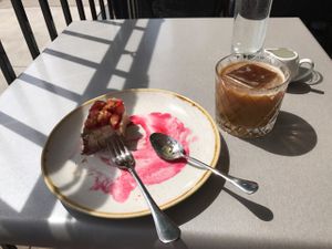 Vegan cheezecake, iced coffee with coffee ice cube! at Berkeley North in Hamilton
